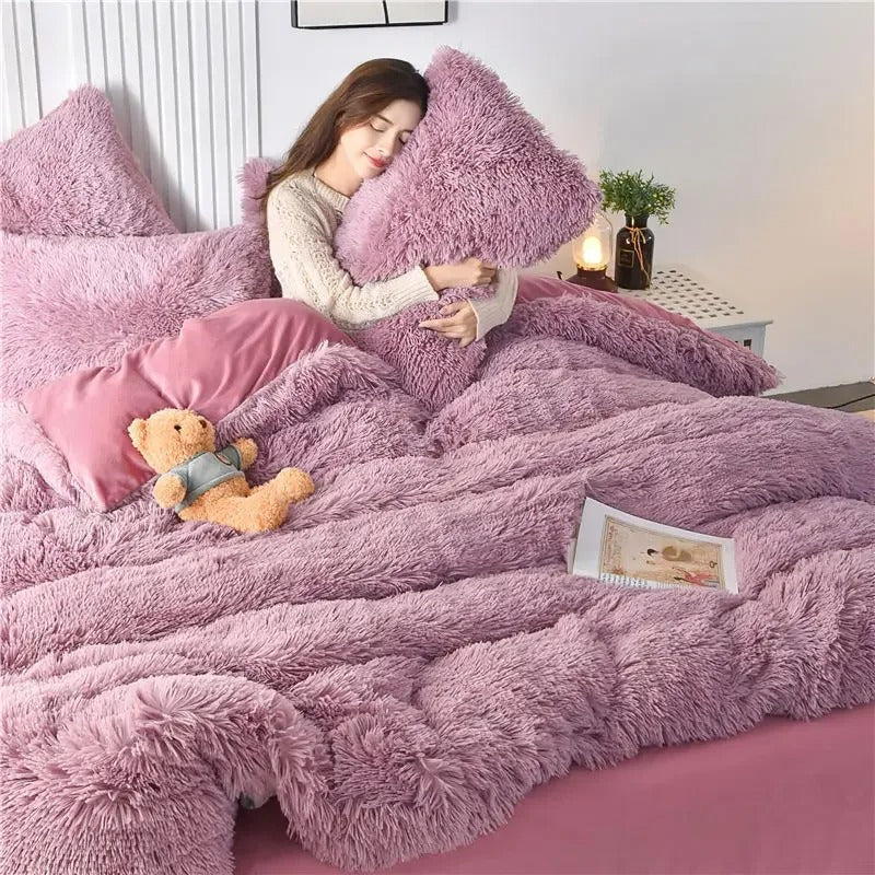 New Winter Warm Plush Duvet Cover Pink Romantic Princess Mink Velvet +Fluffy Flannel Quilt Cover Luxury Bedding Set King Size