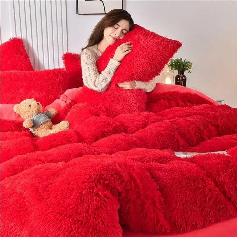 New Winter Warm Plush Duvet Cover Pink Romantic Princess Mink Velvet +Fluffy Flannel Quilt Cover Luxury Bedding Set King Size