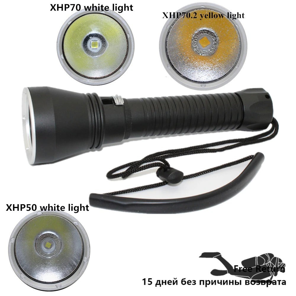 XHP70 LED Yellow/White Light 4000 Lumens Diving Flashlight 26650 Torch Underwater 100M xhp70.2 spearfishing led diving lamp